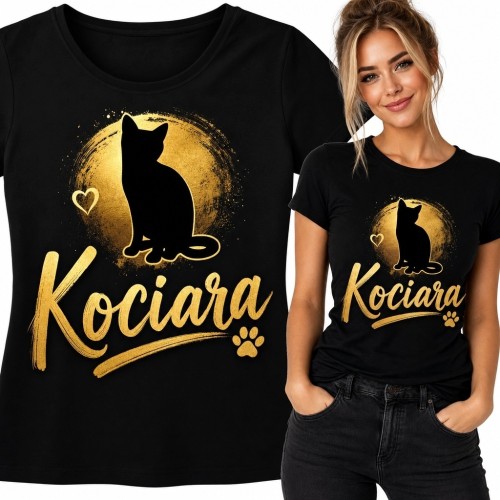 Koszulka damska „Kociara” z motywem kota - czarno-złoty nadruk