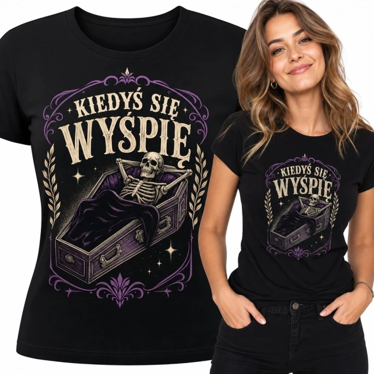 Koszulka damska „Kiedyś się wyśpię” ze szkieletem w trumnie - czarny humor