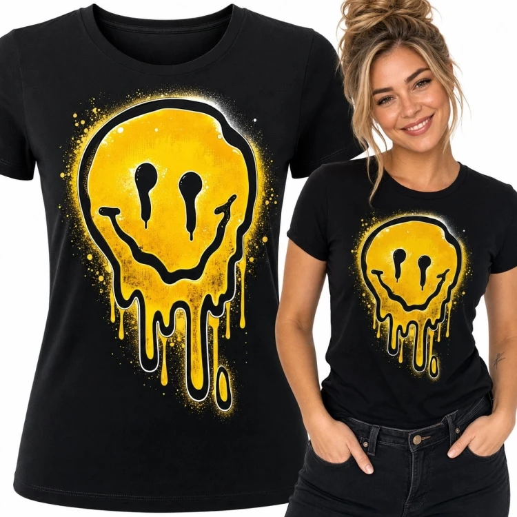 Koszulka damska z topniejącym smileyem - żółty nadruk streetwearowy