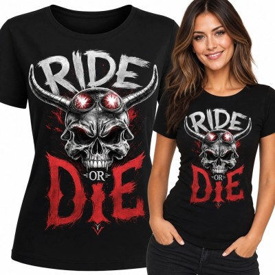 Koszulka damska „Ride or Die” z rogatą czaszką - motocyklowy wzór