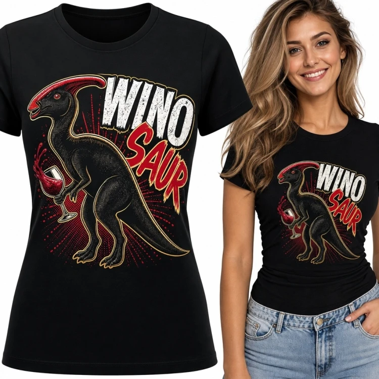 Czarna koszulka damska z dinozaurem i winem „Winosaur”