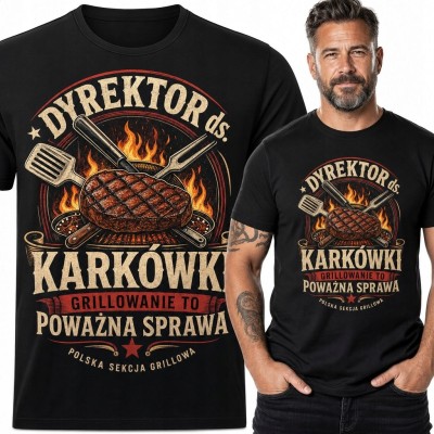 Koszulka męska dla mistrza grilla „Dyrektor ds. karkówki” - retro nadruk