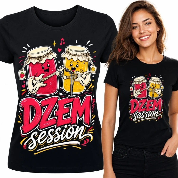 Koszulka damska z muzycznym duetem słoików „DŻEM Session” - zabawny nadruk