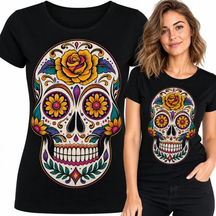 Koszulka damska z kolorową czaszką calavera i kwiatami