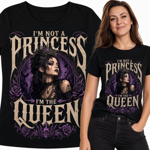 Koszulka damska z gotycką królową „I'm not a princess I'm the queen” - mroczny wzór