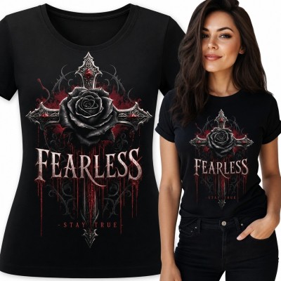 Koszulka damska z gotycką czarną różą i krzyżem „Fearless” - mroczny wzór