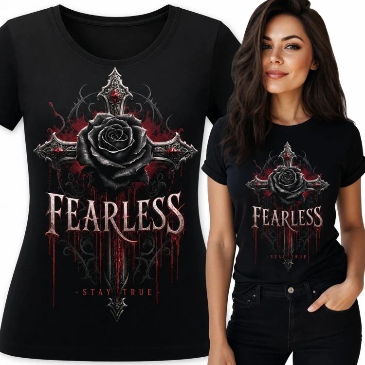 Koszulka damska z gotycką czarną różą i krzyżem „Fearless” - mroczny wzór
