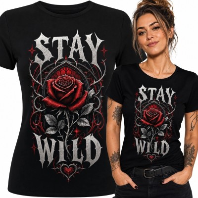 Koszulka damska z gotycką różą „Stay Wild” - mroczny romantyzm
