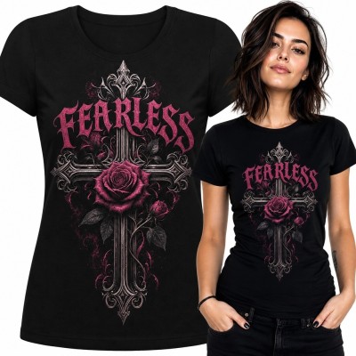 Koszulka damska z gotyckim krzyżem i różami „Fearless” - mroczny wzór
