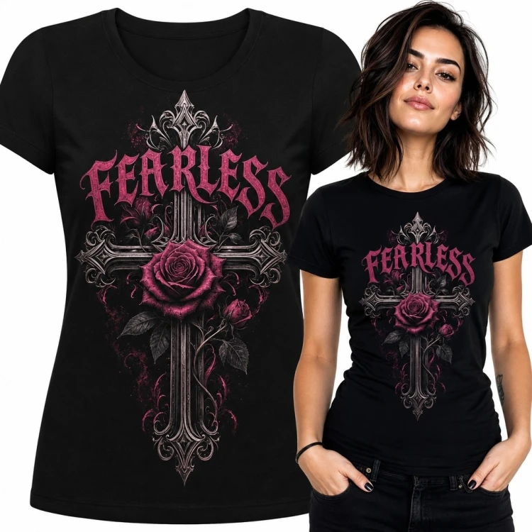 Koszulka damska z gotyckim krzyżem i różami „Fearless” - mroczny wzór