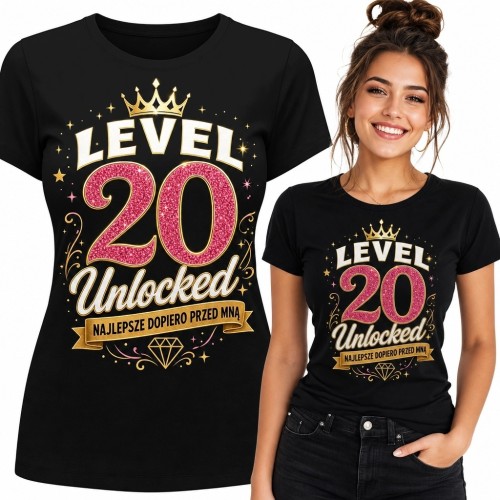 Koszulka damska na 20 urodziny „Level 20 Unlocked” - różowa liczba z koroną i diamentem