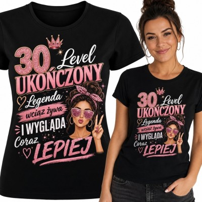 Koszulka damska na 30 urodziny „30 Level ukończony” - kobieta w różowych okularach
