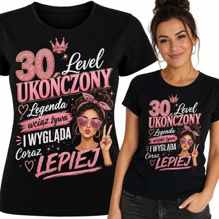Koszulka damska na 30 urodziny „30 Level ukończony” - kobieta w różowych okularach