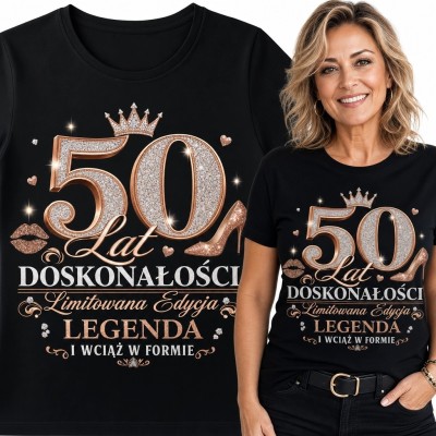 Koszulka damska na 50 urodziny - „50 lat doskonałości” z koroną i szpilką