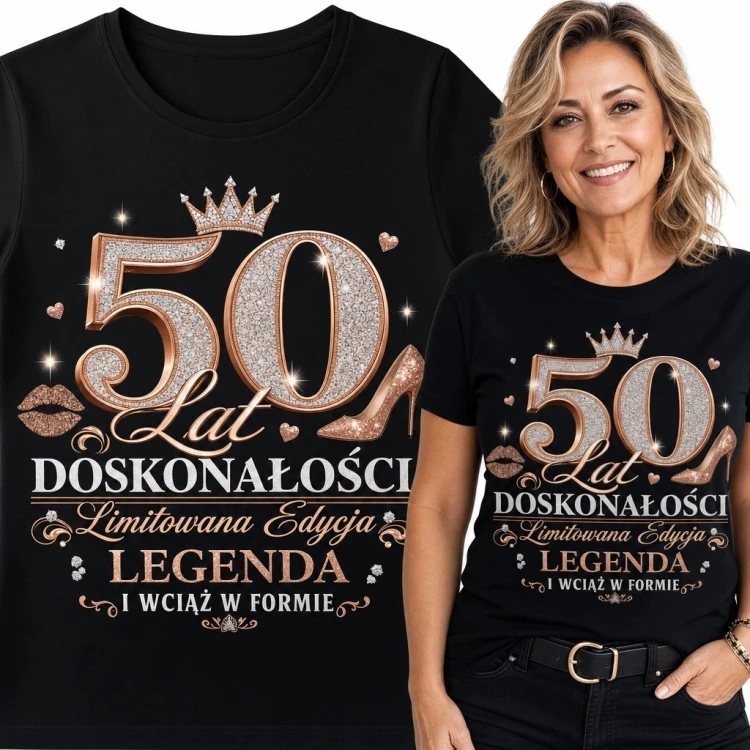 Koszulka damska na 50 urodziny - „50 lat doskonałości” z koroną i szpilką
