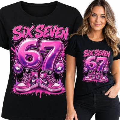 Koszulka damska streetwear ze sneakersami „Six Seven 67” - różowy nadruk graffiti