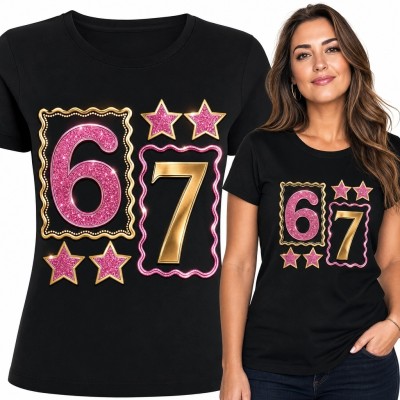 Koszulka damska z różowo-złotym numerem „67” - retro glamour