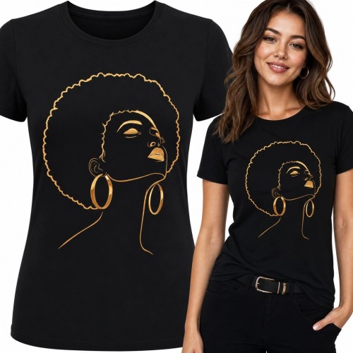 Koszulka damska ze złotym portretem kobiety z afro - minimalistyczny line art