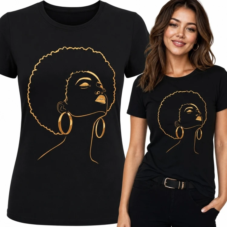 Koszulka damska ze złotym portretem kobiety z afro - minimalistyczny line art