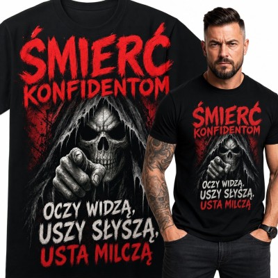 Koszulka męska z czaszką „Śmierć konfidentom” - mroczny wzór uliczny