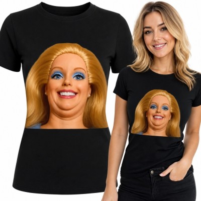 Koszulka damska z humorystycznym portretem blond lalkowej postaci - odważny nadruk