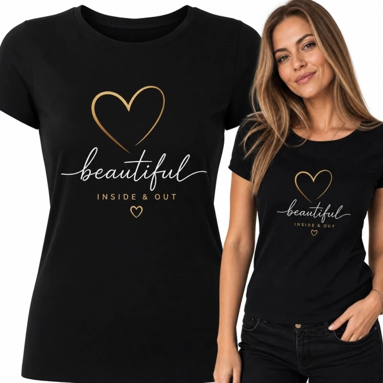 Koszulka damska z sercami „Beautiful inside &amp; out” - afirmacyjny wzór