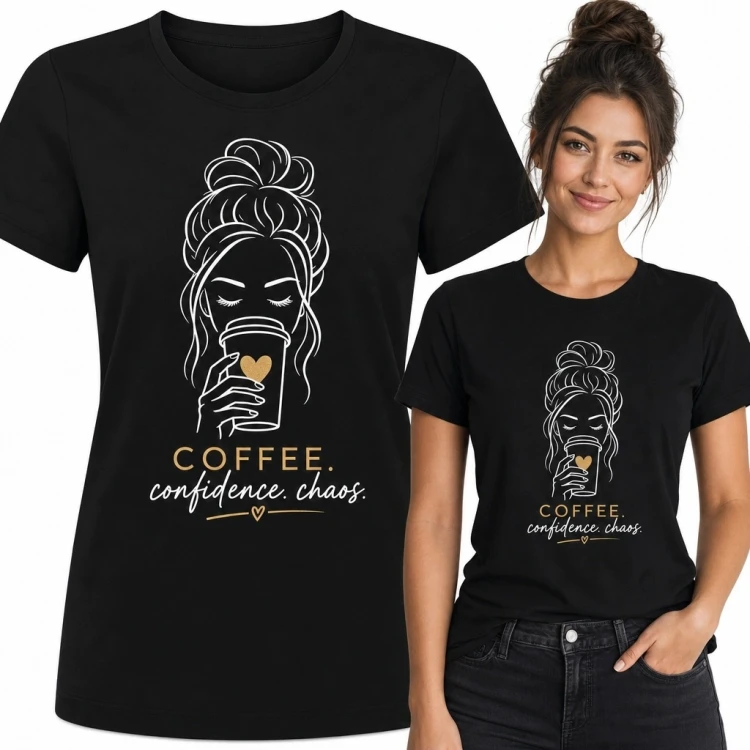 Koszulka damska z hasłem „Coffee. confidence. chaos.” i motywem kawy