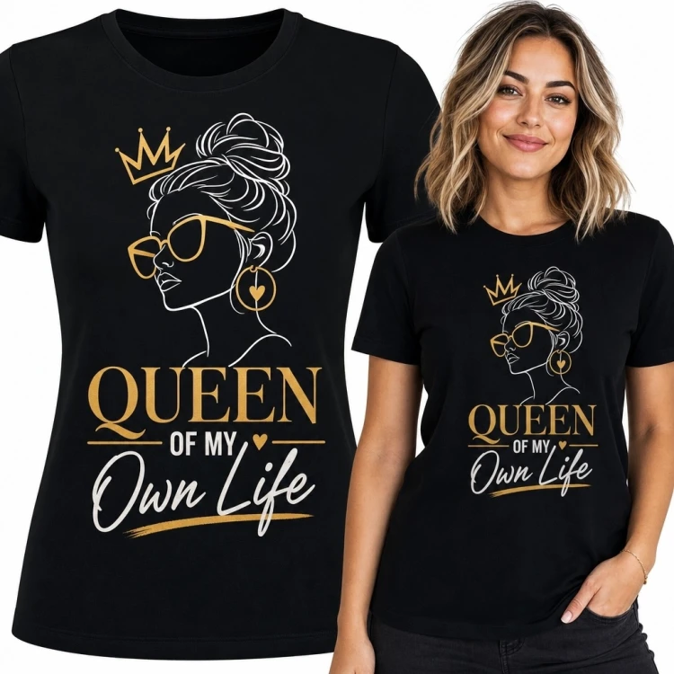Koszulka damska z portretem kobiety w koronie „Queen of My Own Life” - manifest niezależności
