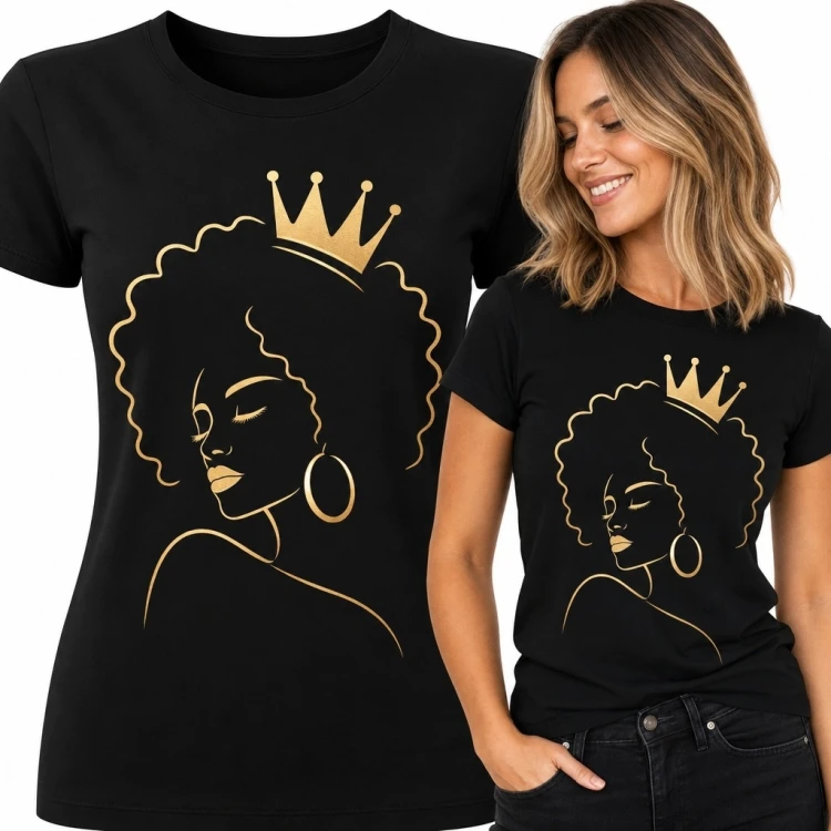 Koszulka damska ze złotym portretem kobiety z afro i koroną - minimalistyczny line art