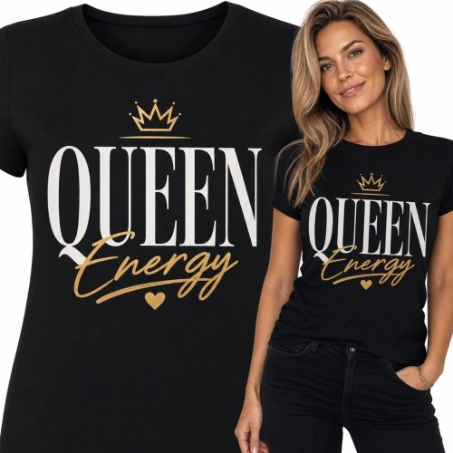 Koszulka damska z koroną i napisem „Queen Energy” - czarno-złoty motyw