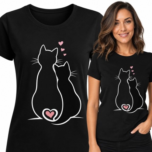 Koszulka damska z dwoma kotami i różowymi sercami - romantyczny motyw