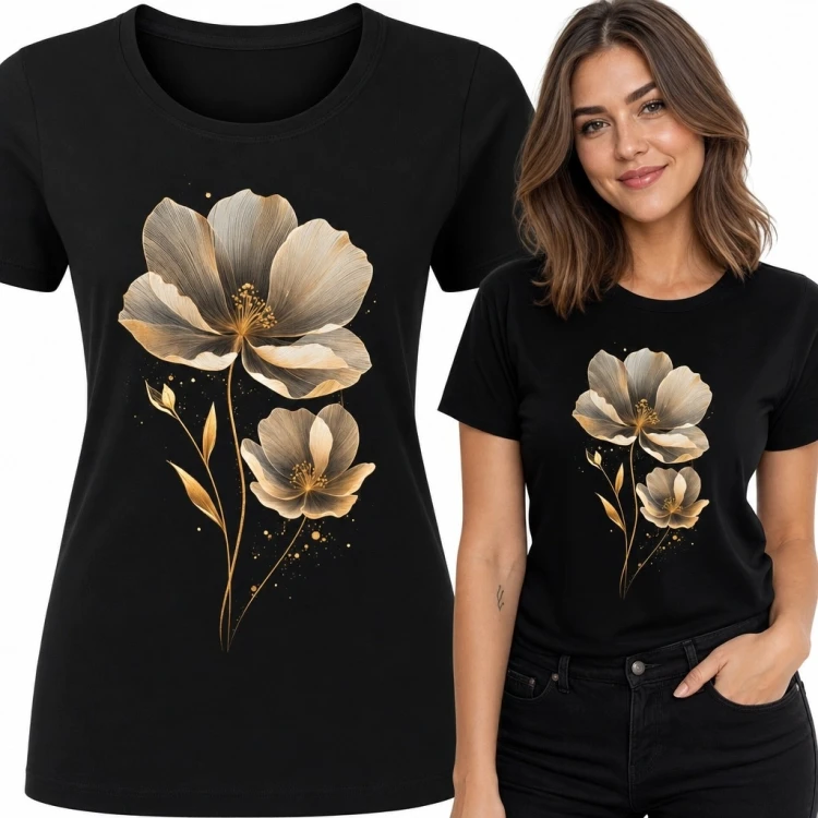 Koszulka damska z kremowo-złotymi kwiatami - elegancki motyw botaniczny