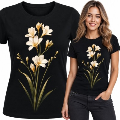 Koszulka damska z kremowymi frezjami - elegancki motyw botaniczny