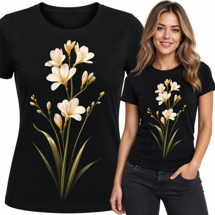 Koszulka damska z kremowymi frezjami - elegancki motyw botaniczny