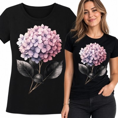Koszulka damska z dużą różowo-fioletową hortensją - elegancki wzór botaniczny
