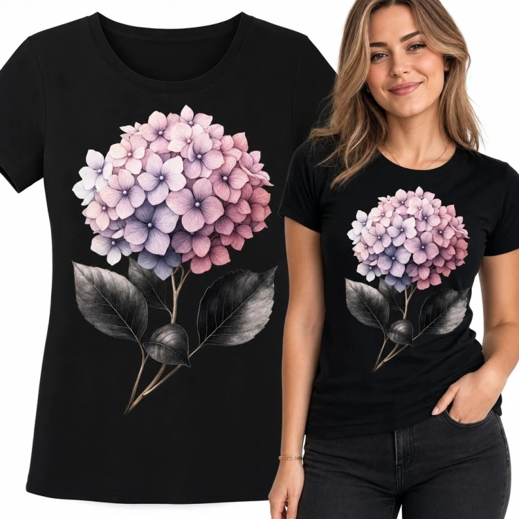 Koszulka damska z dużą różowo-fioletową hortensją - elegancki wzór botaniczny