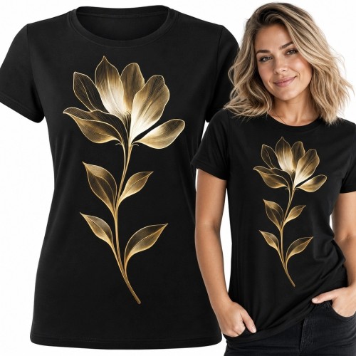 Koszulka damska ze złotym kwiatem - elegancki motyw botaniczny