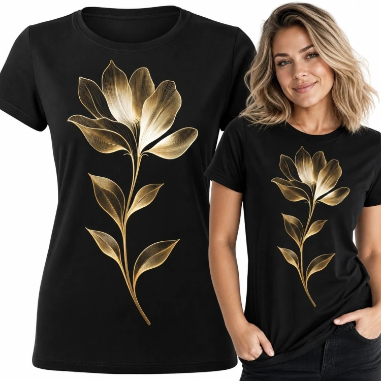 Koszulka damska ze złotym kwiatem - elegancki motyw botaniczny