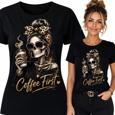 Koszulka damska „Coffee First” dla miłośniczki kawy - szkielet w panterce