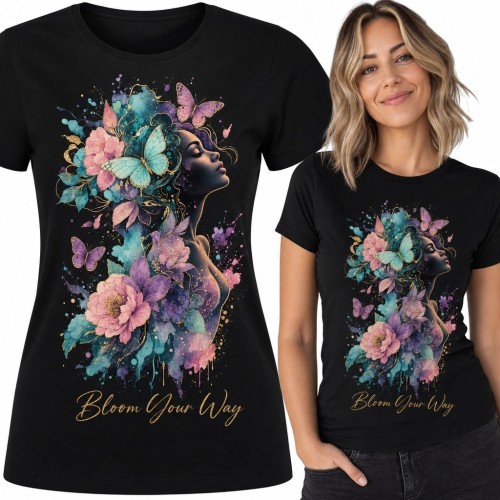 Koszulka damska „Bloom Your Way” z akwarelowym portretem, kwiatami i motylami