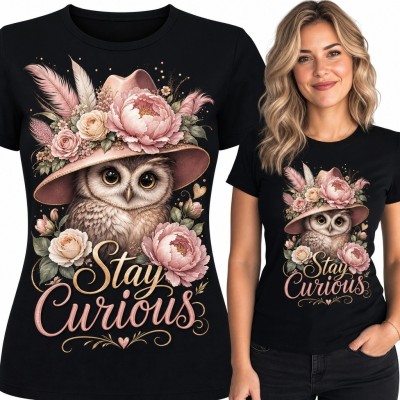 Koszulka damska z sową i kwiatami „Stay Curious” - baśniowy wzór