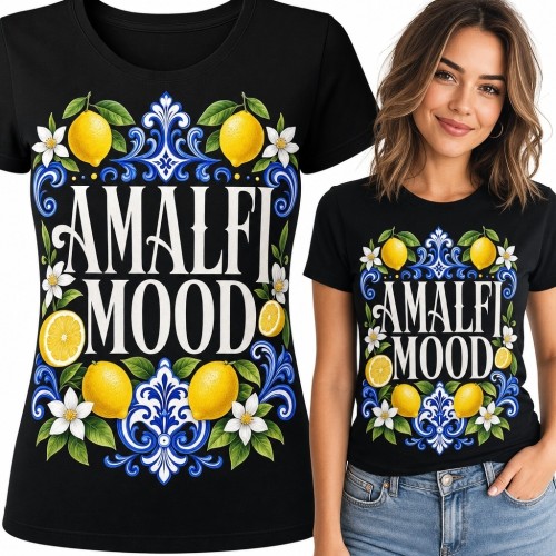 Koszulka damska „Amalfi Mood” z cytrynami i włoskim ornamentem - czarna