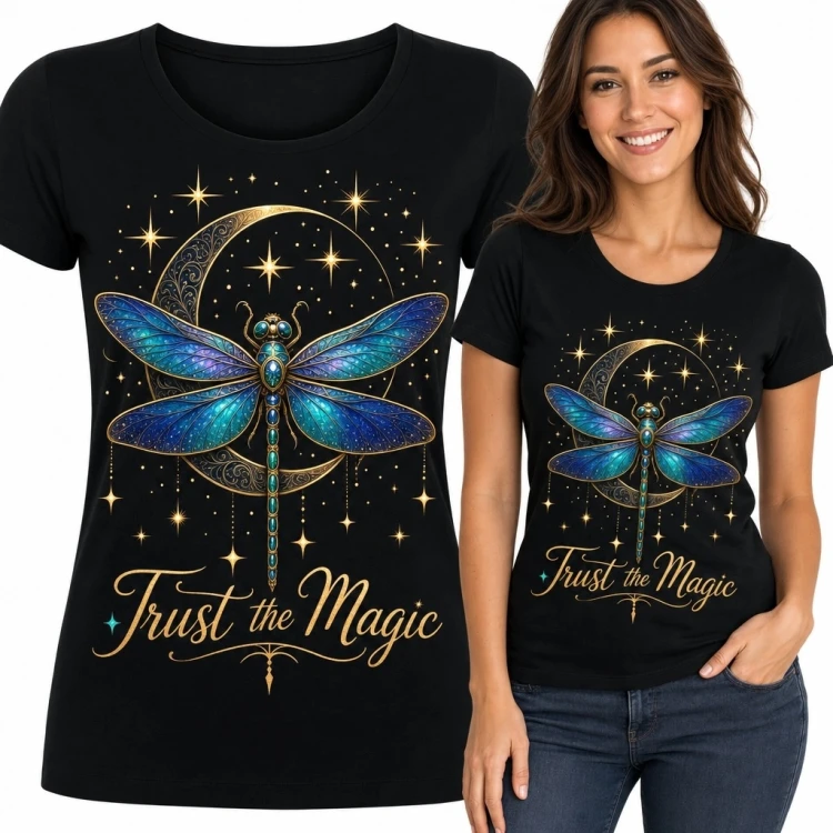 Koszulka damska z ważką, księżycem i napisem „Trust the Magic” - mistyczny wzór fantasy