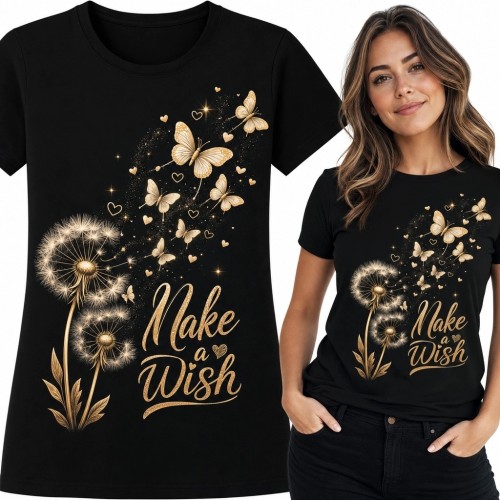 Koszulka damska z dmuchawcami i motylami „Make a Wish” - złocisty wzór