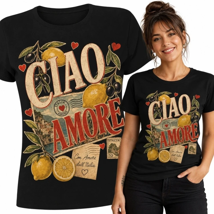 Koszulka damska „Ciao Amore” z włoskim kolażem retro