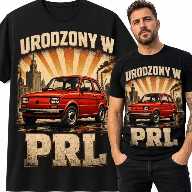 Koszulka męska „Urodzony w PRL” z czerwonym Maluchem - motyw retro