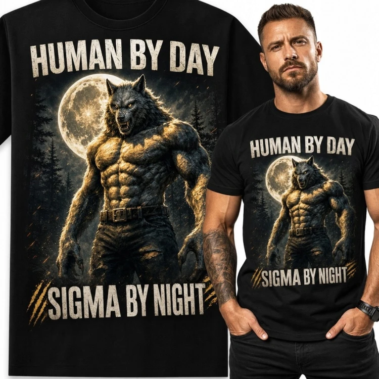 Koszulka męska z muskularnym wilkołakiem „Human by day / Sigma by night” - mroczne fantasy