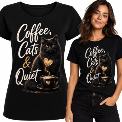 Koszulka damska z czarnym kotem i kawą „Coffee, Cats &amp; Quiet”