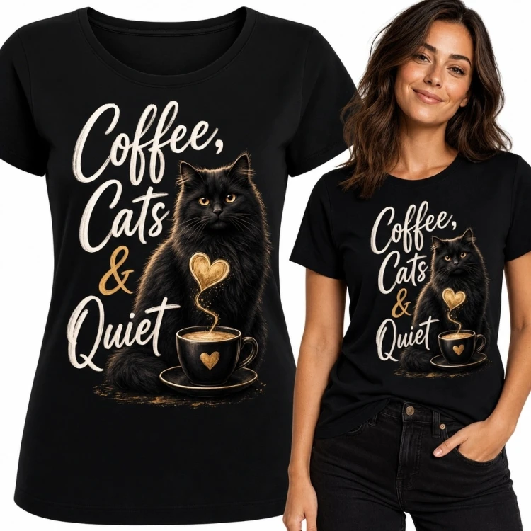Koszulka damska z czarnym kotem i kawą „Coffee, Cats &amp; Quiet”
