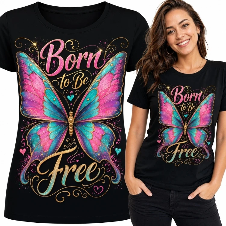 Koszulka damska z motylem „Born to Be Free” - kolorowy motyw wolności